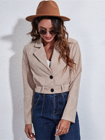 gbolsos  Women's Outerwear Solid Belt Casual Corduroy Lapel Neck Long Sleeve Crop Jacket