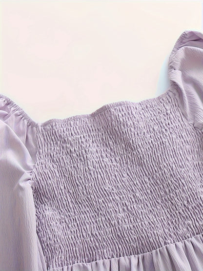 Solid Shirred Tie Front Dress, Casual Long Sleeve Dress For Spring, Women's Clothing