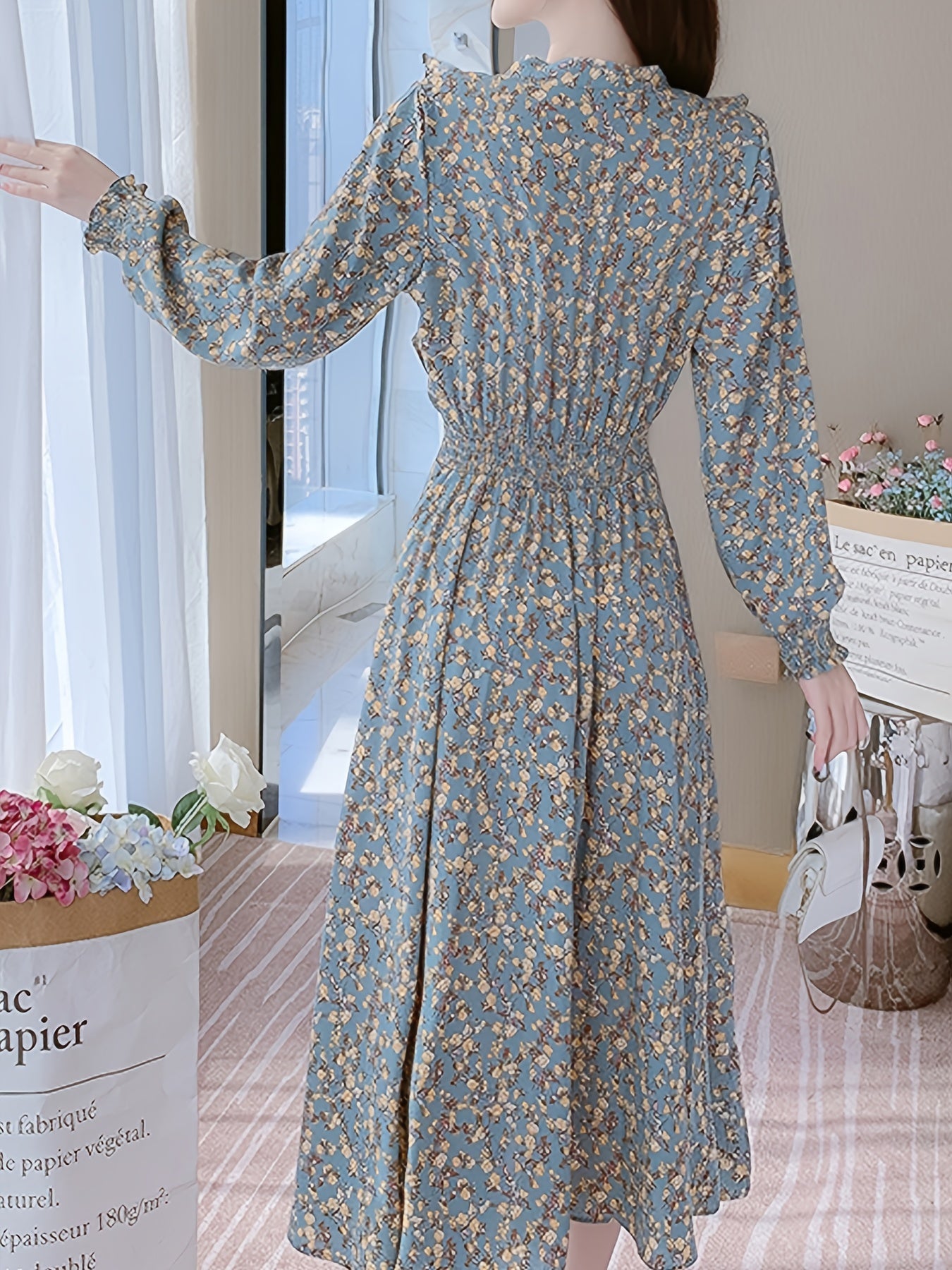 gbolsos  Floral Print Slim Bow Front Dress, High Waist Long Sleeve Casual Every Day Dress, Women's Clothing
