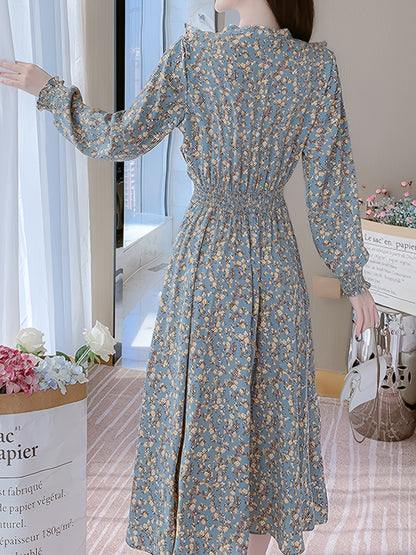 gbolsos  Floral Print Slim Bow Front Dress, High Waist Long Sleeve Casual Every Day Dress, Women's Clothing