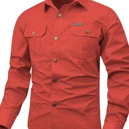 gbolsos  Trendy Men's Casual Long Sleeve Cargo Shirt With Pockets, Men's Shirt For Spring Autumn, Tops For Men