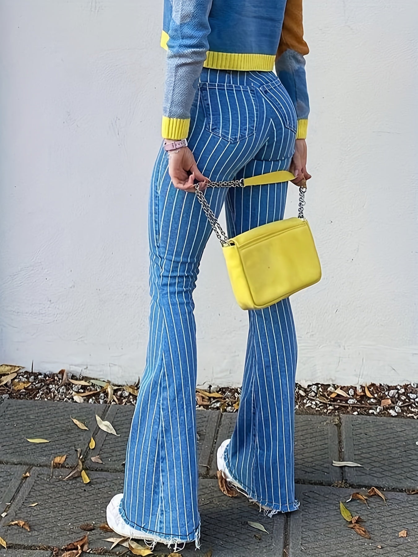 gbolsos Strip Print Raw Hem Flare Leg Jeand, High Rise Vintage Retro Y2K High Strech Bell Bottom Denim Pants, Women's Denim Jeans & Clothing