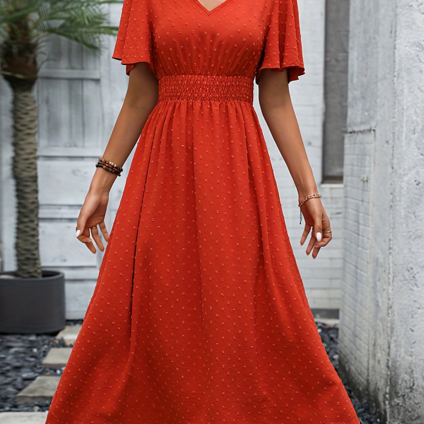 gbolsos  Swiss Dot Flutter Sleeve Dress, Elegant Shirred Waist V-neck Dress For Spring & Summer, Women's Clothing