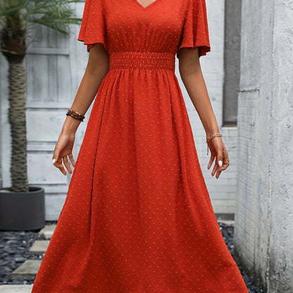 gbolsos  Swiss Dot Flutter Sleeve Dress, Elegant Shirred Waist V-neck Dress For Spring & Summer, Women's Clothing