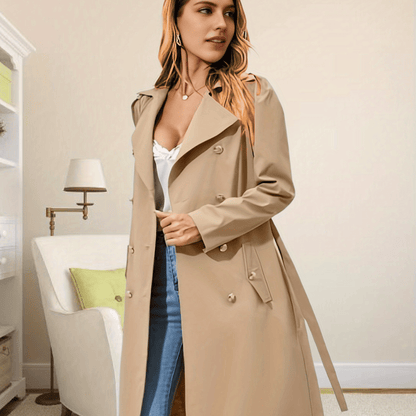 gbolsos  Double Breasted Lapel Trench Coat, Casual Long Sleeve Belted Coat For Fall & Winter, Women's Clothing