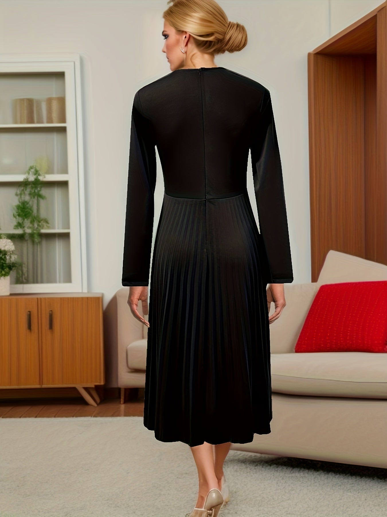 gbolsos  Solid Pleated Dress, Elegant Notched Neck Long Sleeve Tucked Dress, Women's Clothing