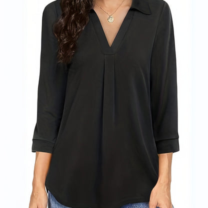 gbolsos  Plus Size Casual Blouse, Women's Plus Solid Half Sleeve Turn Down Collar Tunic Top