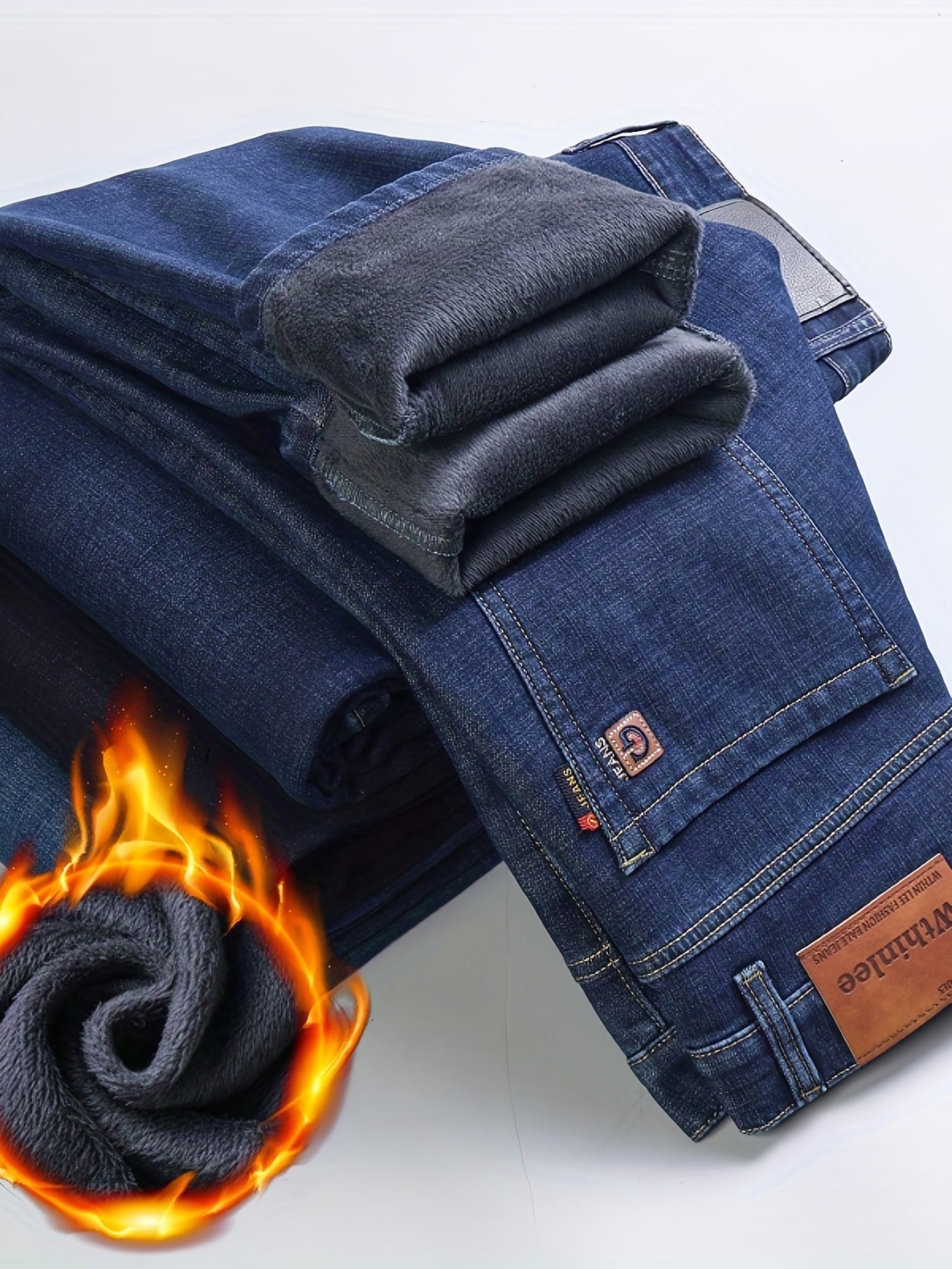 gbolsos  Warm Fleece Straight Leg Jeans For Business, Men's Casual Stretch Thick Denim Pants For Fall Winter