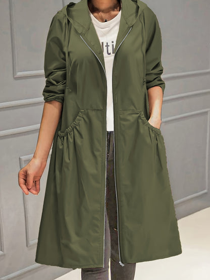 Plus Size Casual Trench Coat, Women's Plus Solid Long Sleeve Hooded Drawstring Zipper Longline Trench Coat With Pockets