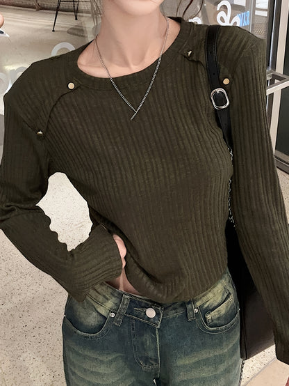 gbolsos Solid Crew Neck Rib Knit Top, Casual Long Sleeve Slim Crop Sweater For Spring & Fall, Women's Clothing