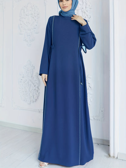 Rhinestone Kaftan Dress, Casual Long Sleeve High Collar Solid Dress, Women's Clothing