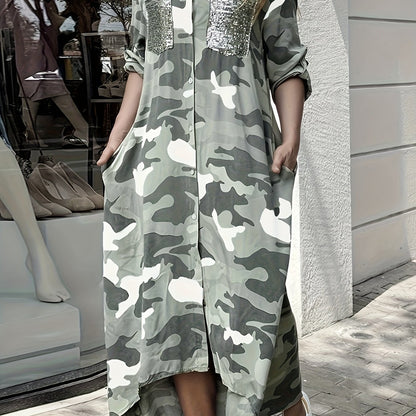 gbolsos  Camo Print Shirt Dress, Casual Button Front Long Sleeve Collar Dress, Women's Clothing
