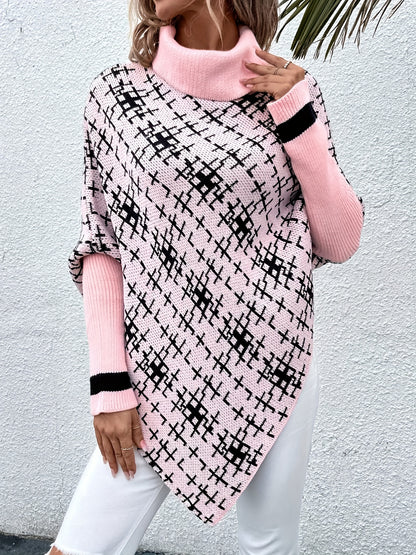 gbolsos  Plaid Pattern Turtle Neck Cape Sweater, Casual Batwing Sleeve Asymmetrical Hem Sweater, Women's Clothing