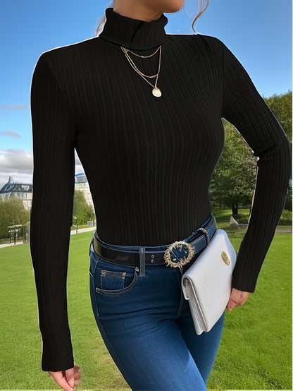 gbolsos  Ribbed Knit Turtleneck Skinny Top, Versatile Long Sleeve T-shirt For Spring & Fall, Women's Clothing