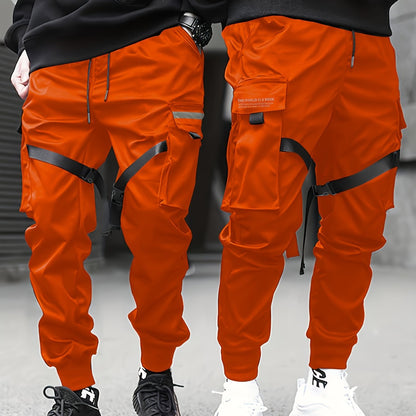 gbolsos  Classic Design Multi Flap Pockets Cargo Pants,Men's Loose Fit Drawstring Kpop Cargo Pants, For Skateboarding, Street, Outdoor Camping