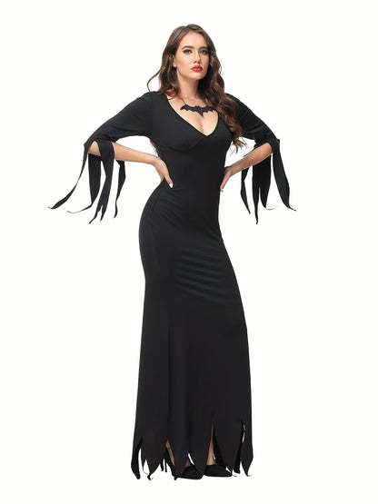 Halloween Style V-neck Split Dress, Elegant Bodycon Slim Maxi Length Dress, Halloween Witch Costume, Women's Clothing