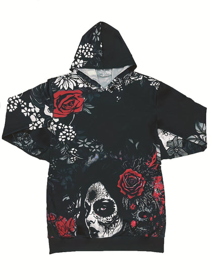 gbolsos  Skull & Flower Print Dress, Gothic Hooded Long Sleeve Mini Dress With Pockets, Women's Clothing