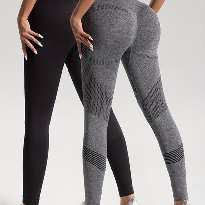 gbolsos  2pcs Solid Color High-Stretch Fitness Yoga Sports Leggings, Soft Breathable Yoga Tight Pants, Women's Activewear