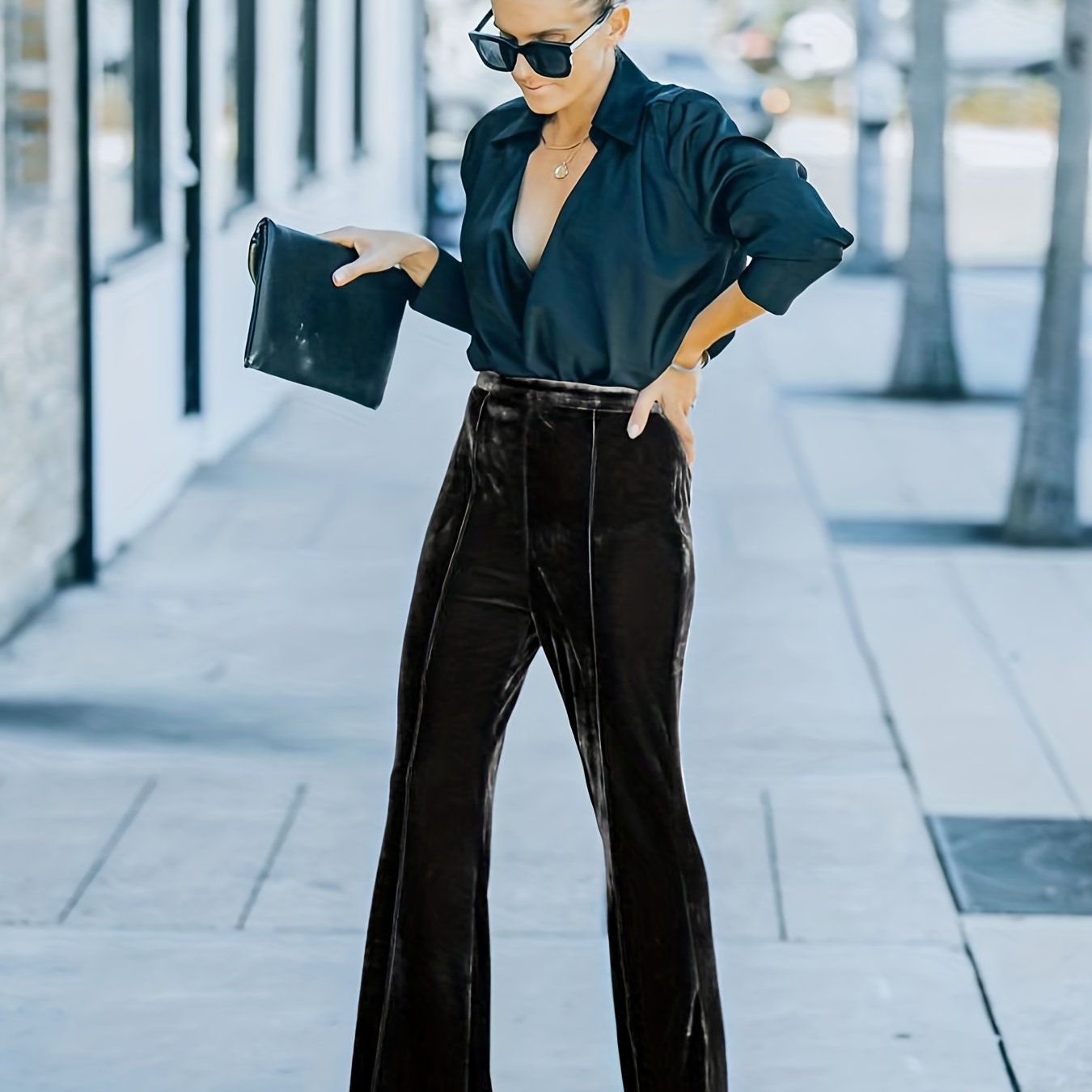 High Waist Flare Leg Pants, Casual Loose Pants For Spring & Fall, Women's Clothing