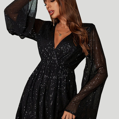 Homecoming Sequined Flare Sleeve V-neck Dress, Elegant Midi Dress For Club & Party, Women's Clothing