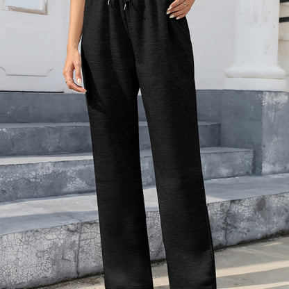 Drawstring Waist Straight Leg Pants, Casual Solid Sporty Pants For Fall & Winter, Women's Clothing