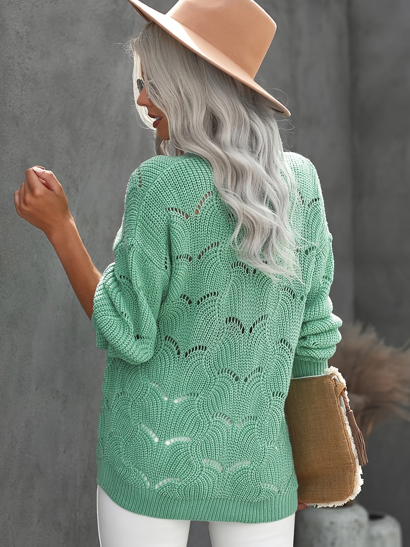 2025 gbolsos  Hollow Out Button Down Knit Cardigan, Casual V-Neck Long Sleeve Fall Winter Sweater Coat, Women's Clothing