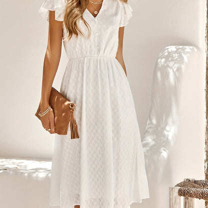 gbolsos  Striped Print Solid Dress, Elegant Ruffle Sleeve V Neck Midi Dress, Women's Clothing