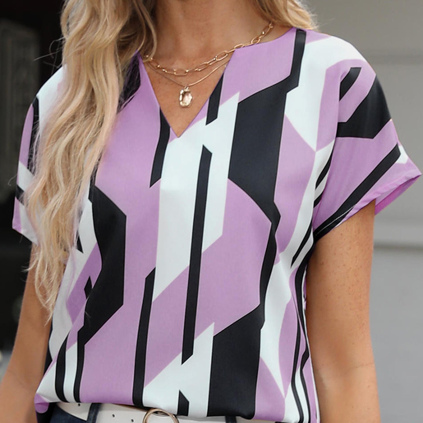 gbolsos Color Block Graphic Print Blouse, Casual Notched Neck Short Sleeve Blouse, Women's Clothing