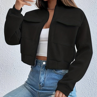 gbolsos  Zip Front Flap Pockets Jacket, Casual Turtleneck Crop Jacket For Fall, Women's Clothing