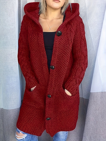 2025 gbolsos  Solid Button Front Hooded Cardigan, Casual Long Sleeve Sweater For Fall & Winter, Women's Clothing