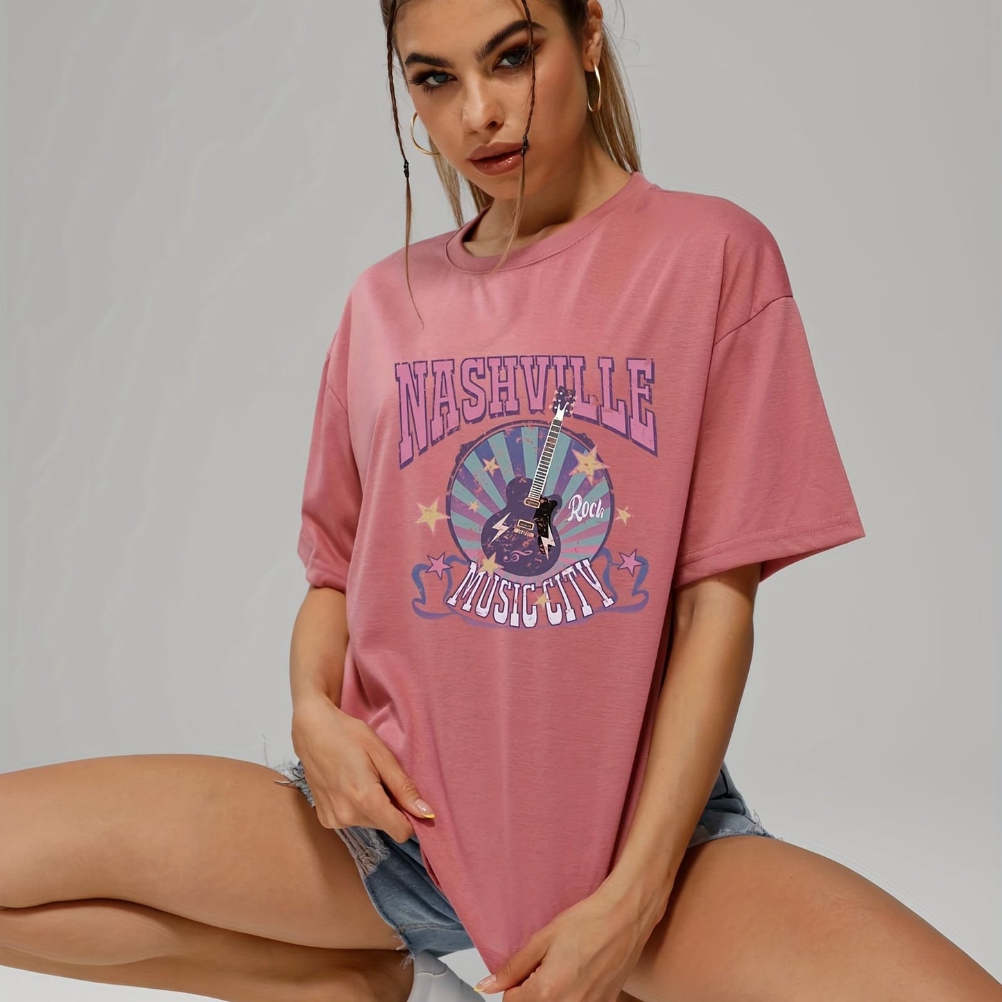 gbolsos  Letter Music City Guitar Graphic Tee For Women, Summer Versatile Crew Neck Casual Sports T-shirts, Women's Athleisure