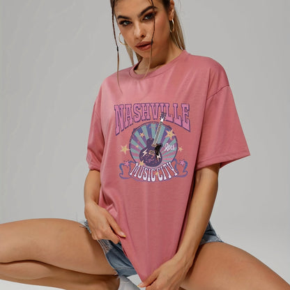 gbolsos  Letter Music City Guitar Graphic Tee For Women, Summer Versatile Crew Neck Casual Sports T-shirts, Women's Athleisure