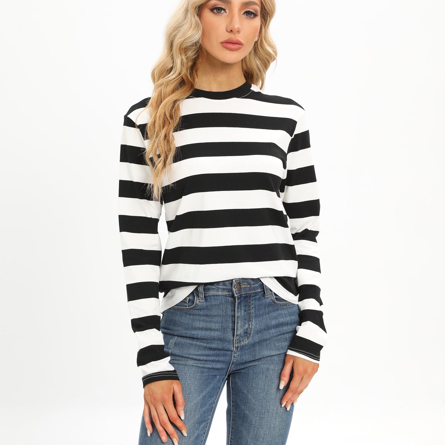kkboxly  Casual Striped Long Sleeve T-Shirts, Striped T Shirts Crew Neck Tops, Women's Clothing