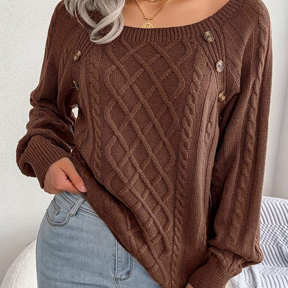 2025 gbolsos  Cable Knitted Button Sweater, Casual Long Sleeve Sweater For Fall & Winter, Women's Clothing