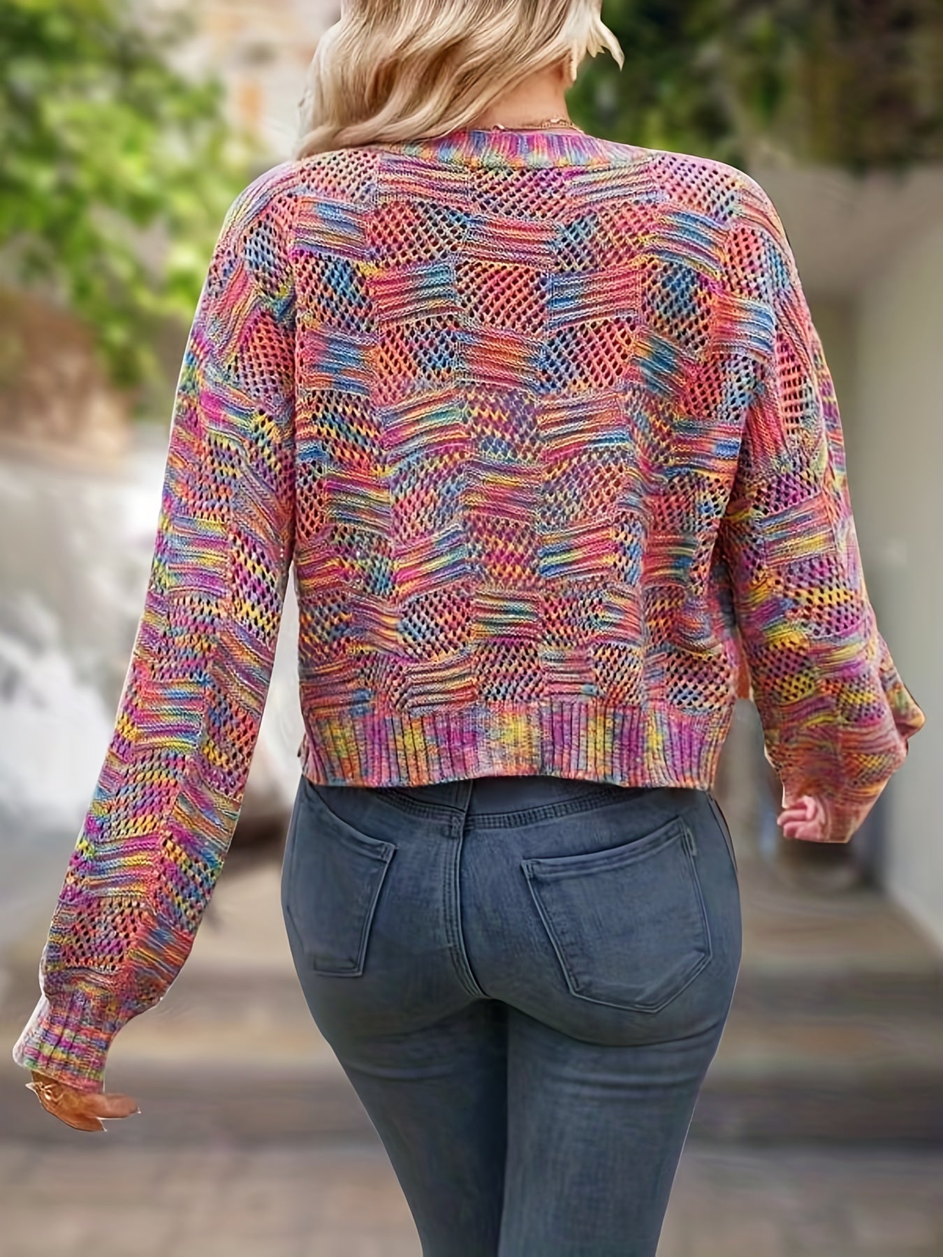 Tie Dye Button Front Knit Cardigan, Casual V Neck Long Sleeve Sweater, Women's Clothing