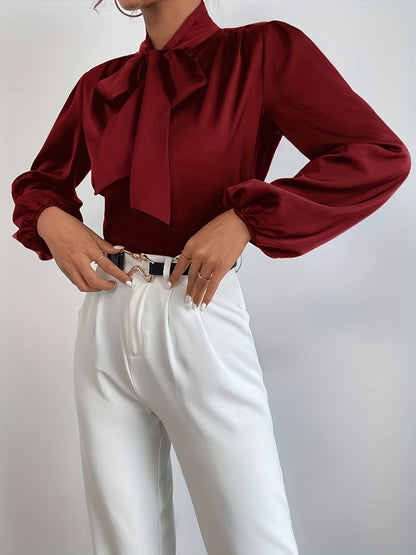 gbolsos  Tie Neck Lantern Sleeve Blouse, Elegant Solid Blouse For Office & Work, Women's Clothing