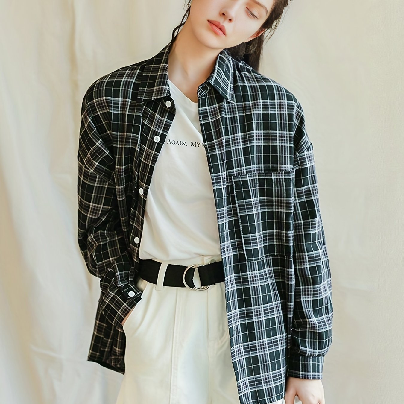 gbolsos  Plaid Drop Shoulder Shirt, Casual Patched Pocket Loose Shirt For Spring & Fall, Women's Clothing