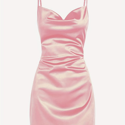 Solid Cowl Neck Spaghetti Dress, Sexy Tie Back Bodycon Cami Dress For Summer, Women's Clothing