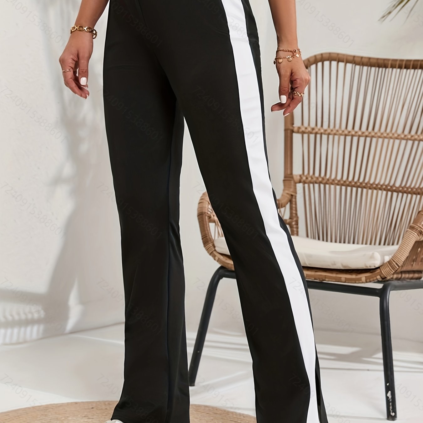 Striped Print Pants, Casual Color Block Split High Waist Wide Leg Pants, Women's Clothing
