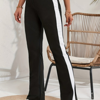 Striped Print Pants, Casual Color Block Split High Waist Wide Leg Pants, Women's Clothing
