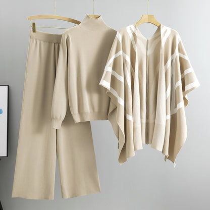 GBOLSOS  casual suit women's autumn and winter new temperament lazy style knitted sweater shawl cape wide-leg pants three-piece set