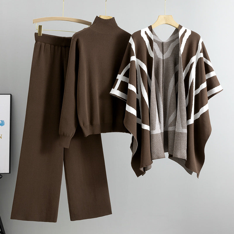 GBOLSOS  casual suit women's autumn and winter new temperament lazy style knitted sweater shawl cape wide-leg pants three-piece set