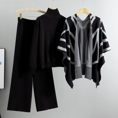 GBOLSOS  casual suit women's autumn and winter new temperament lazy style knitted sweater shawl cape wide-leg pants three-piece set