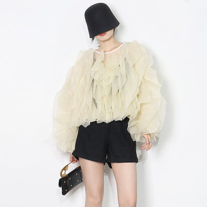 2025 fashion women's shirts  spring new design ruffle edge splicing solid color round neck Internet celebrity shirt