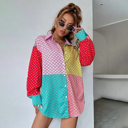 2025 shirts summer women's peach heart printing contrasting color shirts  women's design sense long-sleeved shirts wholesale