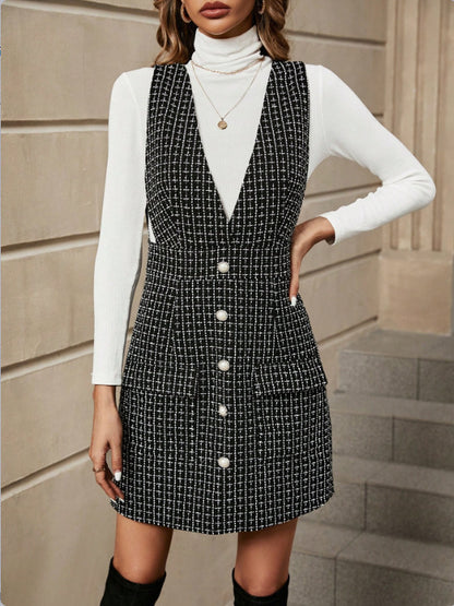 Button Front Allover Print Dress, Casual V Neck Sleeveless Dress For Fall & Winter, Women's Clothing