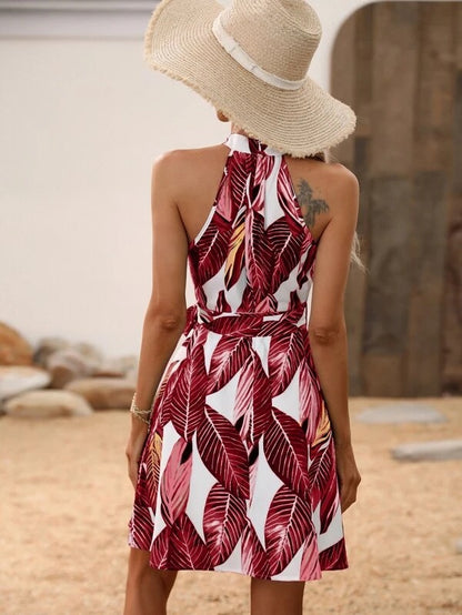 gbolsos  Tropical Print High Neck Dress, Boho Keyhole Sleeveless Summer Dress, Women's Clothing