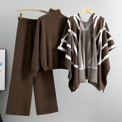 GBOLSOS  casual suit women's autumn and winter new temperament lazy style knitted sweater shawl cape wide-leg pants three-piece set