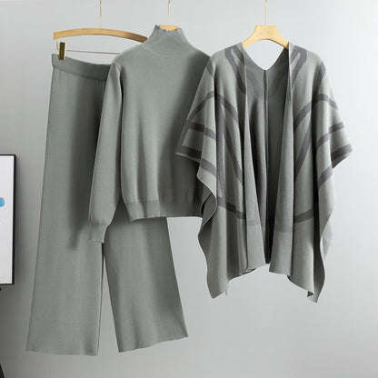 GBOLSOS  casual suit women's autumn and winter new temperament lazy style knitted sweater shawl cape wide-leg pants three-piece set