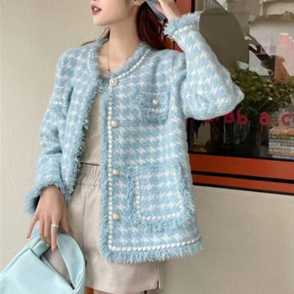Plus Size Elegant Coat, Women's Plus Plaid Tweed Raw Trim Long Sleeve Button Detail Round Neck Slim Fit Coat